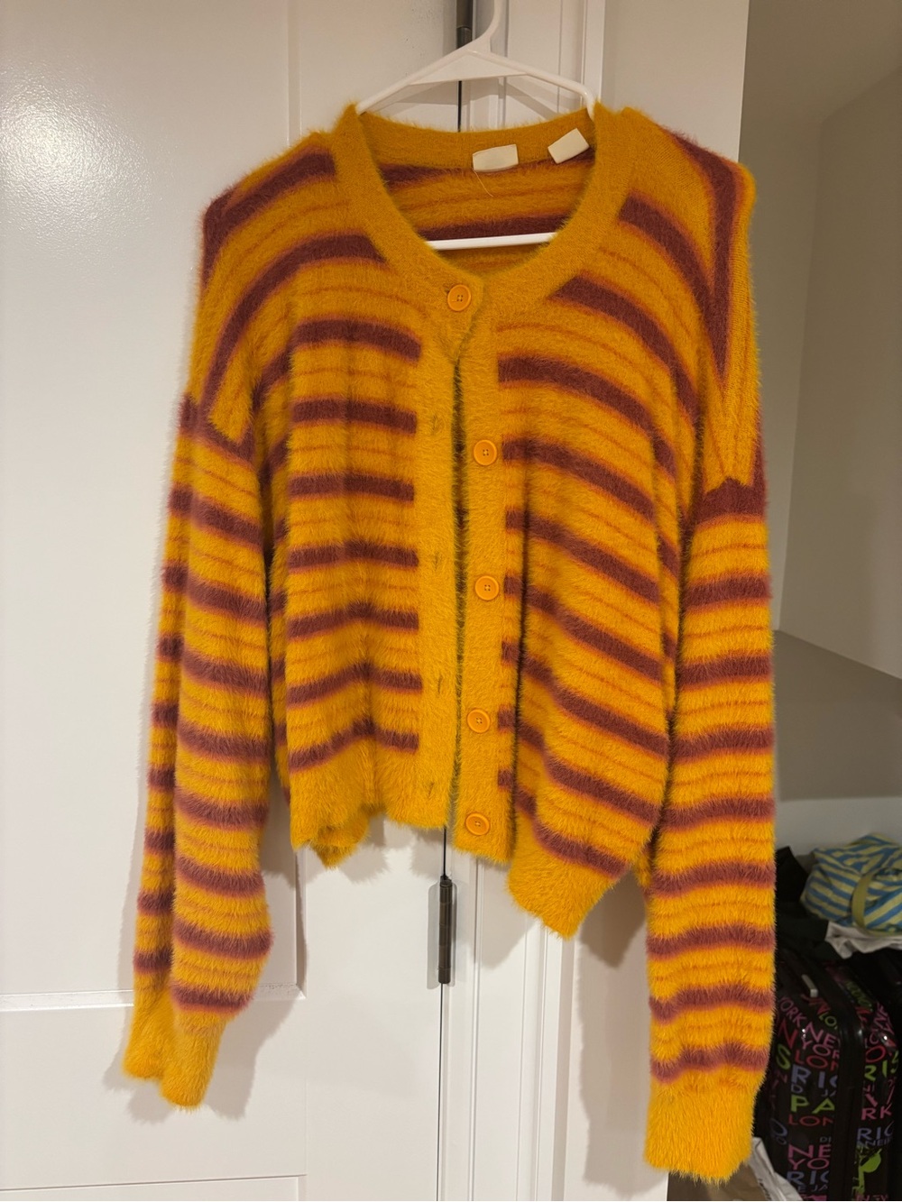 Levi's Fuzzy Striped Button-Up Cardigan Sweater - Yellow & Purple